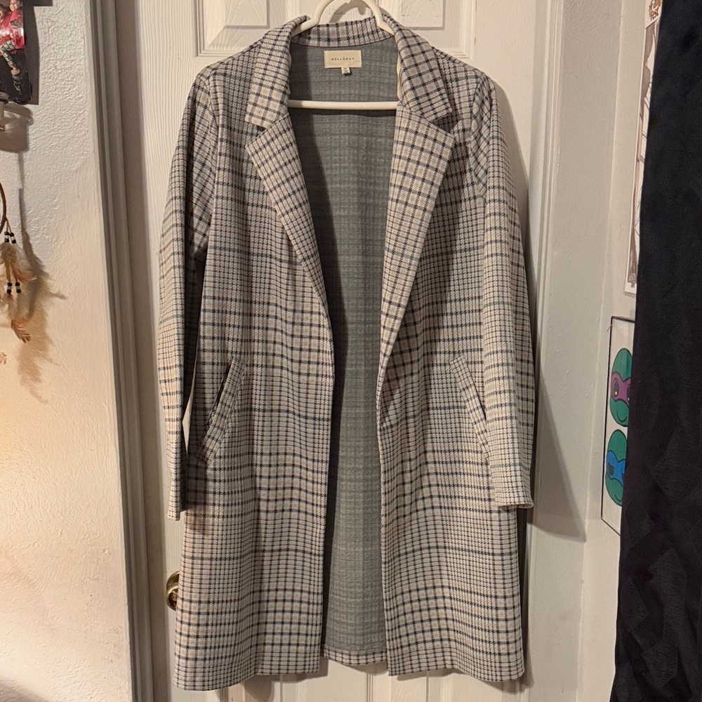 MELLODAY Cream and Black Plaid Trench Coat